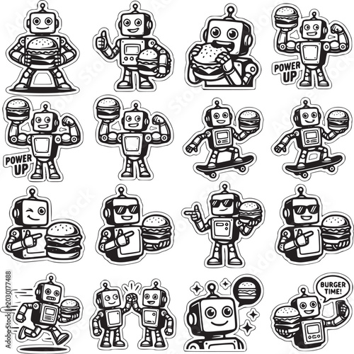 Set of hand-drawn robot characters in various poses and actions, black and white line art illustration