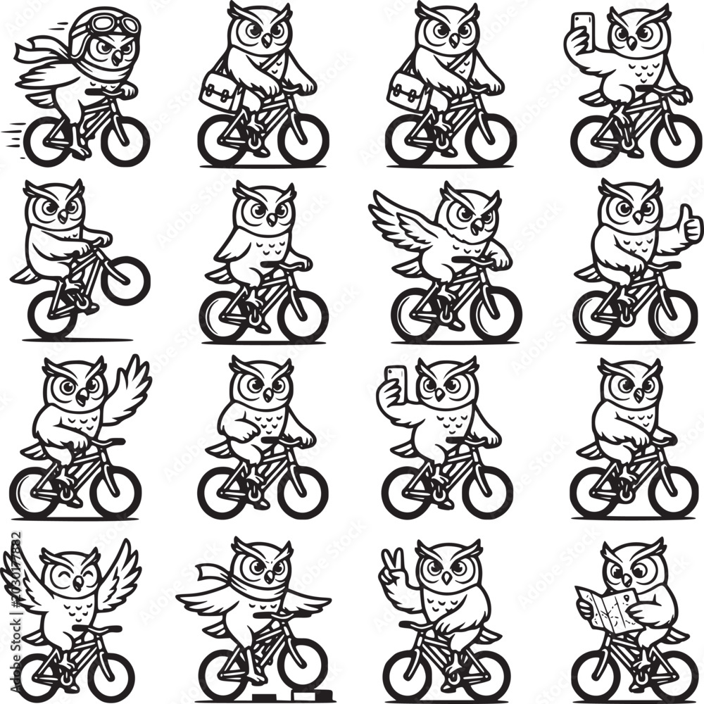 Obraz premium Cartoon owl bicycle icons set, black and white owl cyclist mascot collection, 16 vector owl characters riding bikes for delivery and sports branding