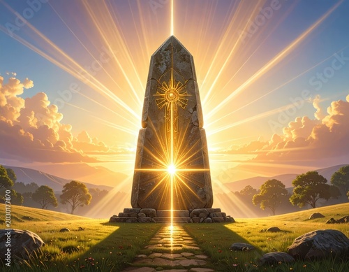 Towering ancient stone monolith radiates brilliant golden light across a pastoral landscape