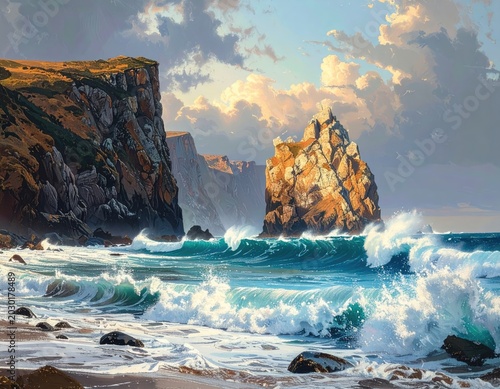 Majestic coastal cliffs meet crashing waves under dramatic golden hour light