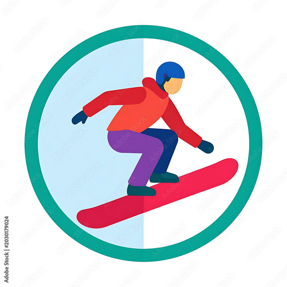Fototapeta premium Snowboarder performing a trick in a circular emblem, flat design, winter sports and active lifestyle