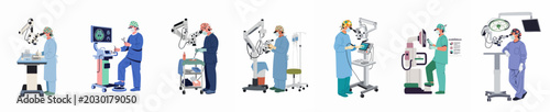 Foto Collection of illustrations depicting neurosurgeons and medical professionals performing microsurgery using advanced technological equipment in a modern hospital operating room environment
