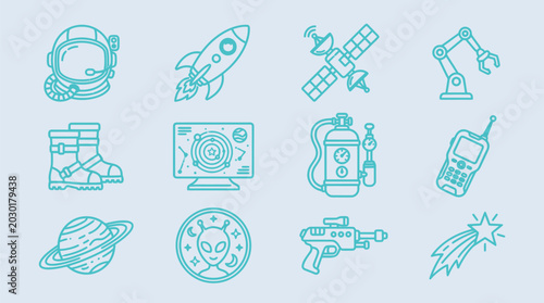 Foto Collection of space and science fiction icons including astronaut helmet, rocket, satellite, robot arm, boots, computer, oxygen tank, phone, planet, alien, ray gun, and comet