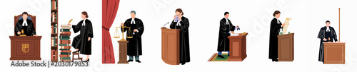 Foto Collection of diverse judges and legal professionals in various courtroom settings and activities, including using a gavel, scales of justice, and law books
