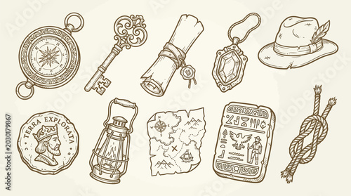 Tableau sur toile Collection of vintage adventure and exploration items, including a compass, key, scroll, map, lantern, and hat