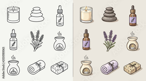 Fotografía Set of spa and wellness icons including essential oil, lavender, candle, hot stones, and soap for relaxation and aromatherapy
