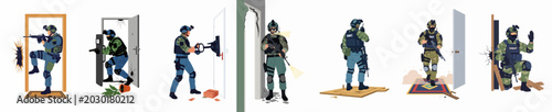 Fotografía Collection of SWAT and special forces officers performing tactical door breaching and room entry maneuvers in various combat scenarios