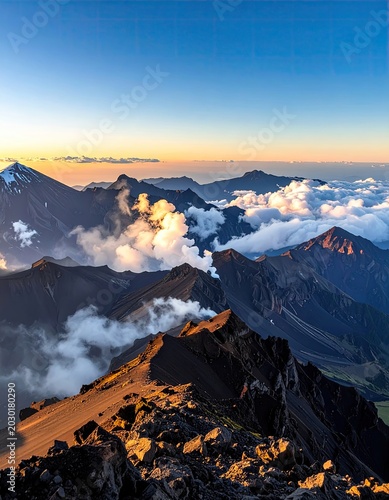 Majestic mountain peaks bask in golden sunrise, with clouds clinging to the rugged slopes