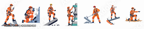 Photos Set of rescuers in orange uniforms performing emergency search and rescue operations on disaster ruins, including climbing, using radios, and heavy lifting