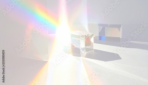 Clear prisms refract light, casting vibrant rainbow spectrums across a minimalist white surface
