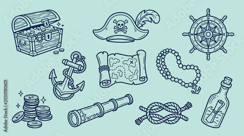 Collection of pirate-themed objects including a treasure chest, map, spyglass, and ship's wheel.
