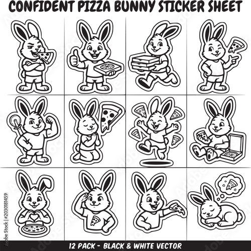 Cute Pizza-Themed Bunny Sticker Sheet in Black and White Line Art Vector Illustration