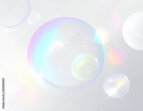 Floating iridescent spheres with soft light and reflections on a pale background