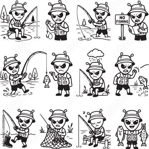 Cartoon fisherman characters fishing activities set in black and white line art style