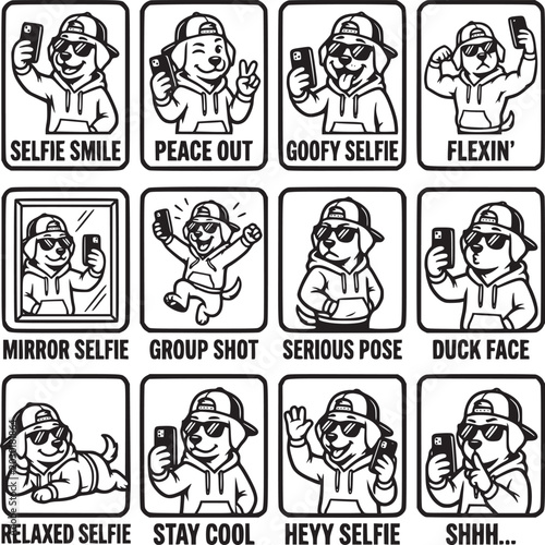 Hand Drawn Cartoon Selfie Expressions and Poses Line Art Illustration Set