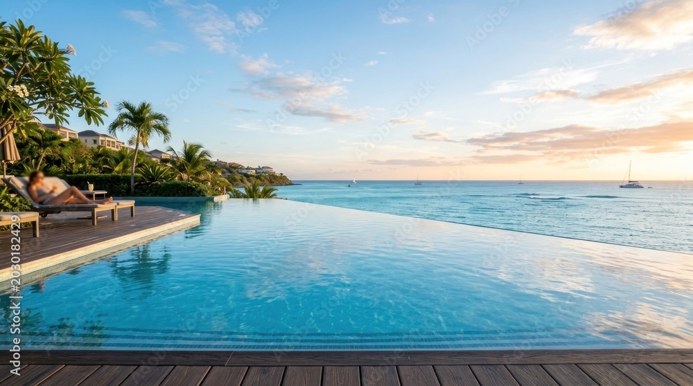 Fototapeta premium A serene, tranquil infinity pool with a view of the ocean at sunset, featuring a person lounging on a deck chair.