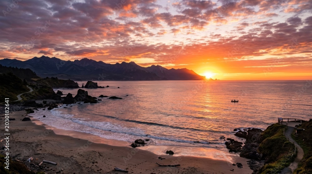 Obraz premium A serene beach scene with a vibrant sunset, featuring a rocky shoreline, calm ocean, and distant mountains.