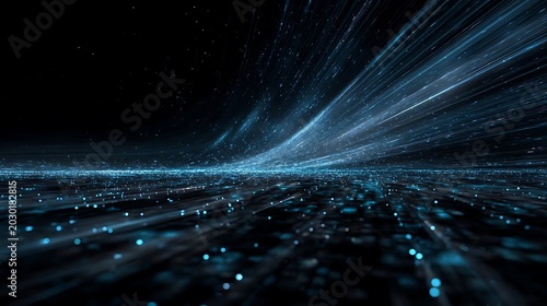 Abstract digital landscape with glowing blue lights and streaks of light radiating from a central point into the darkness