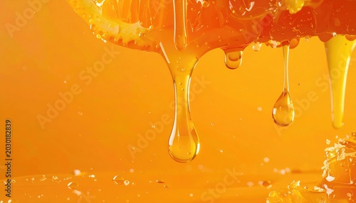 Fresh orange juice drips from citrus, creating vibrant, liquid droplets