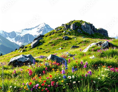 Rocky alpine meadow bursts with vibrant wildflowers under snowy peaks
