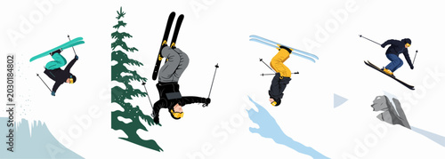 Quadro em tela Action illustration set of professional skiers performing freestyle jumps, flips, and tricks in a snowy mountain winter landscape environment