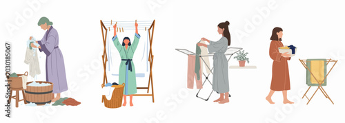 Obraz na plátně Collection of flat vector illustrations depicting women in robes performing various laundry tasks like hand washing, hanging clothes, and carrying laundry baskets