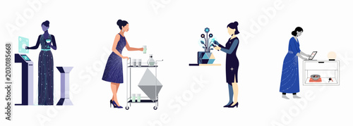 Bild auf Leinwand Vector illustration set featuring elegant women in stylish blue outfits engaging in activities like using technology, serving drinks, and floral arranging
