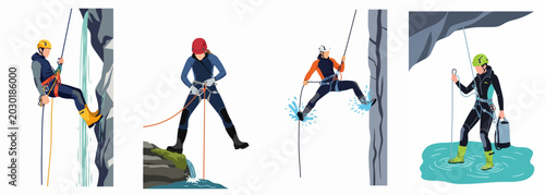 Photos Set of canyoning and abseiling flat illustrations featuring adventurers rappelling down cliffs and exploring waterfalls in extreme outdoor sports