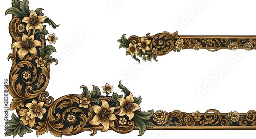Exquisite floral border design elements with ornate scrollwork and detailed botanical motifs, perfect for elegant invitations and decorative accents
