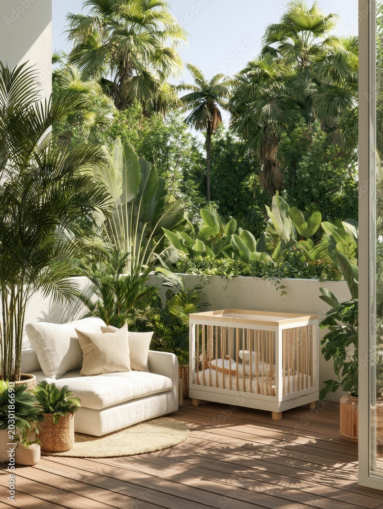 Fototapeta premium Nursery designed on garden terrace features a white crib and plenty of greenery with sunlight enhancing the space in the afternoon.