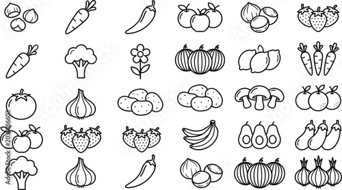 Fresh Fruits and Vegetables Line Icon Vector Set Featuring Minimalist Outlines of Organic Healthy Food for Grocery Stores Mobile Apps and Graphic Designs