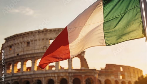 Italian flag national flag tricolor sunset travel Rome monument architecture landmark patriotism waving at Colosseum heritage amphitheater historic arena warm golden light over ancient European city