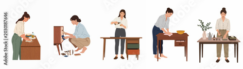 Schilderij op canvas Flat illustration set of a woman restoring, cleaning, and refinishing vintage wooden furniture in various poses against a white background