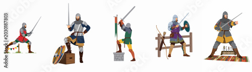 Foto Collection of five medieval knights in full armor with swords and shields, illustrated in a flat design style against a white background
