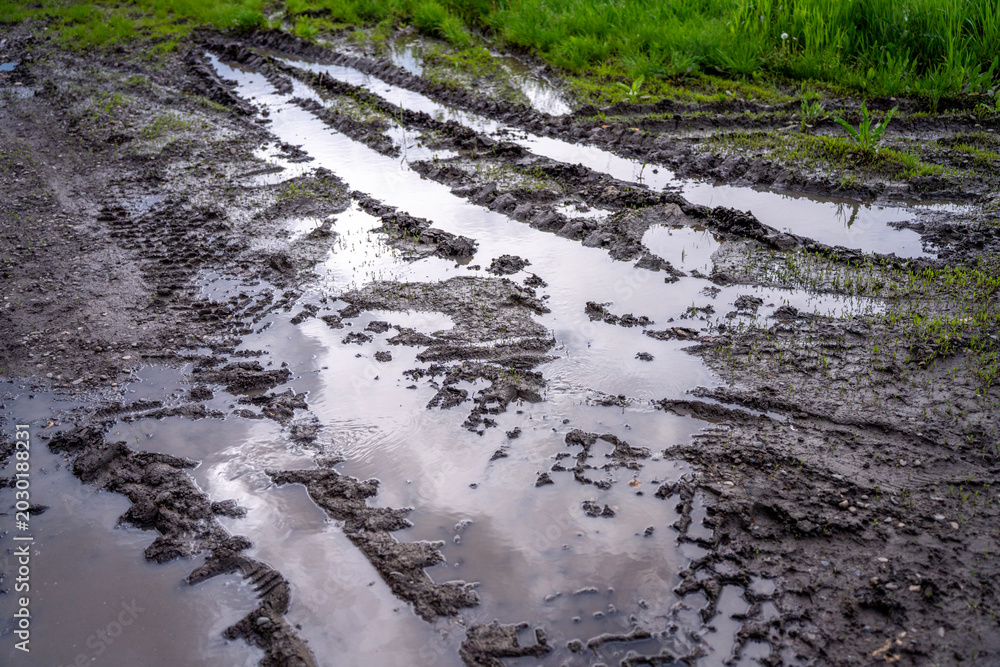Naklejka premium Muddy country road with deep water puddles and tire tracks after heavy rain next to green grass field.