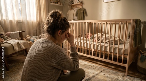 Weary and anxious mother holding head in hands struggling with mental illness stress and loneliness in baby room