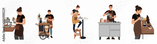 Foto Collection of professional baristas in aprons preparing specialty coffee and latte art in various cafe settings, flat vector illustration