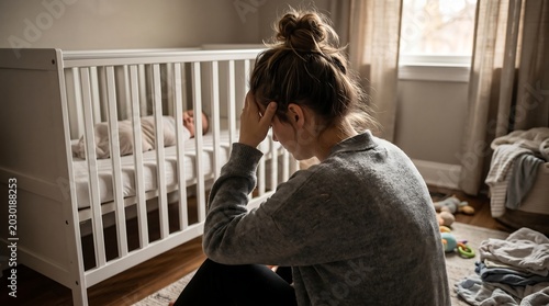 Depressed female parent sitting alone in nursery room feeling anxious weary and emotionally drained by newborn care