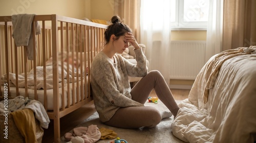 Depressed mother feeling alone and isolated sitting on nursery floor struggling with postnatal depression and grief