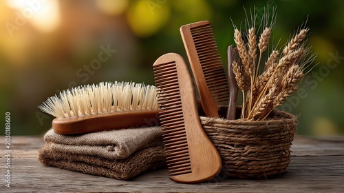 Natural Hair Care Tools and Wheat Stalks on Rustic Wooden Table for Organic Lifestyle and Beauty Products