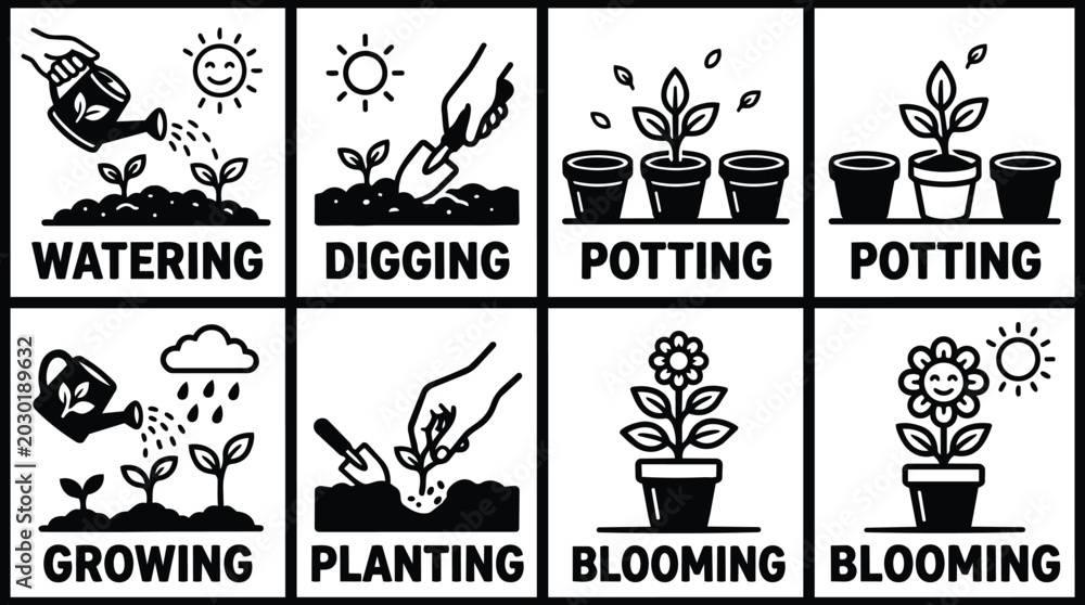 Obraz premium Gardening steps infographic showing watering digging potting planting and blooming sequence for beginners