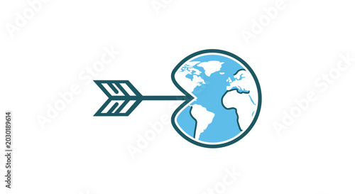 Minimalist flat vector illustration depicting an arrow pointing towards a global map, symbolizing worldwide connection, internet direction, or environmental focus