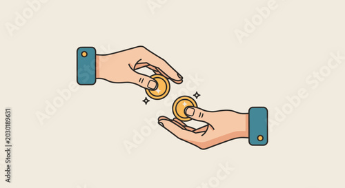 Flat vector illustration of hands transferring golden coins, symbolizing financial transactions, payment, donation, and economic exchange with a clean, minimalist style