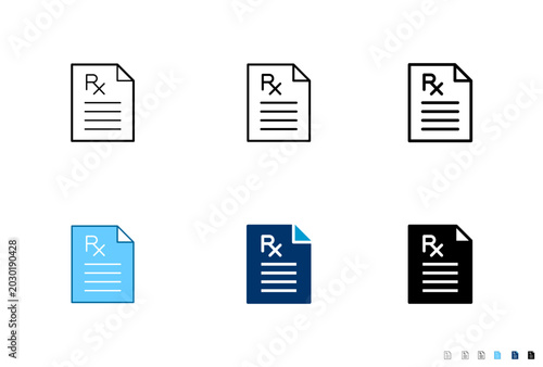 Medical prescription document line and solid icon set for healthcare and medical concept