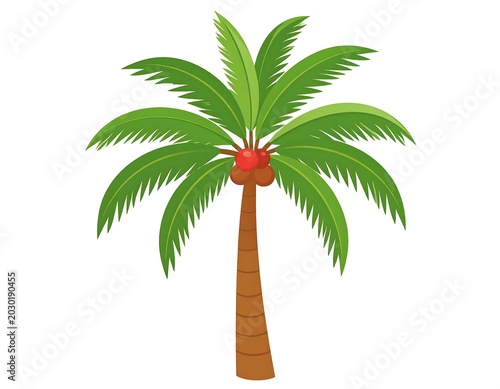 A simple, cartoon illustration of a palm tree with green fronds, a brown trunk, and coconuts. The tree is isolated on a white background