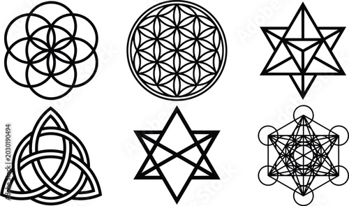 Sacred geometry vector set of six intricate shapes including flower of life and metatron cube