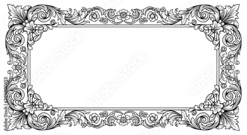 Elegant black and white rectangular ornate frame with floral elements, perfect for invitations and certificates