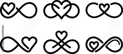 Heart infinity knot line art set with intertwined love symbols