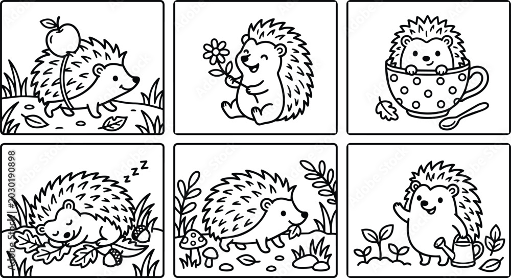 Fototapeta premium Line art hedgehogs on garden adventures in black and white vector set