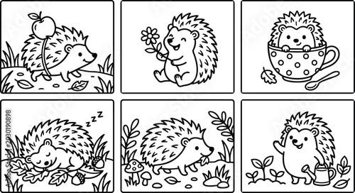 Line art hedgehogs on garden adventures in black and white vector set